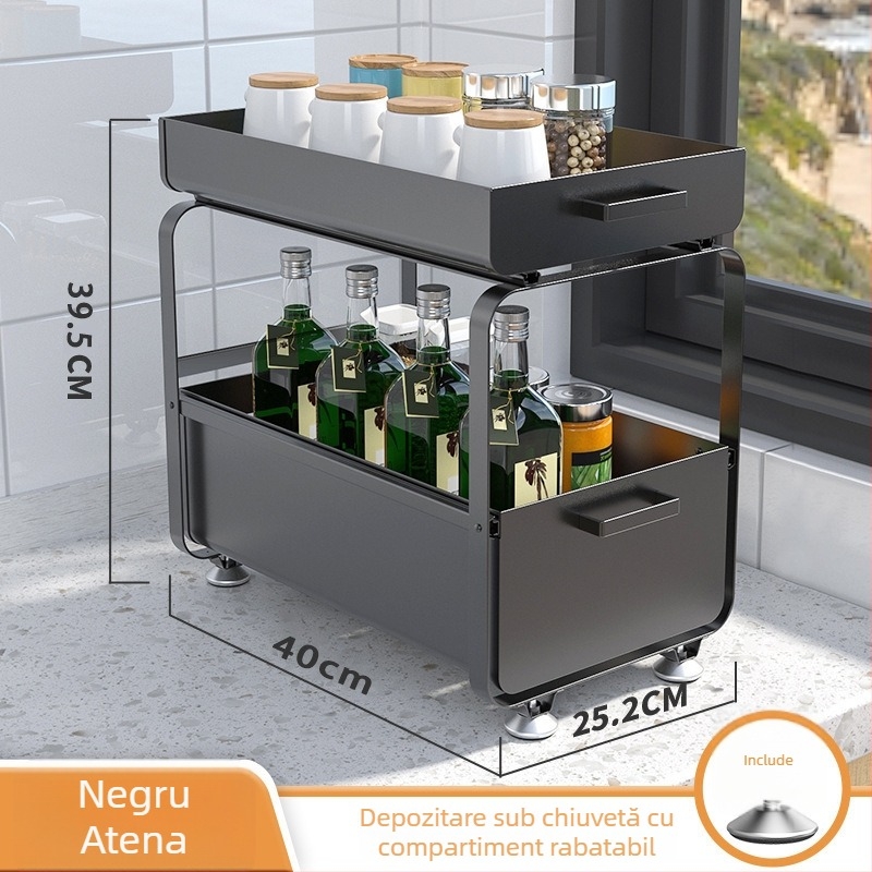 Raft de depozitare sub chiuvetă, glisant, din oțel-carbon, cu două niveluri, mobil