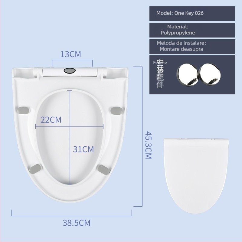 Capac de toaletă, design V, demontare cu un singur buton, închidere moale, material PP, distanță reglabilă a găurilor 11–21 mm