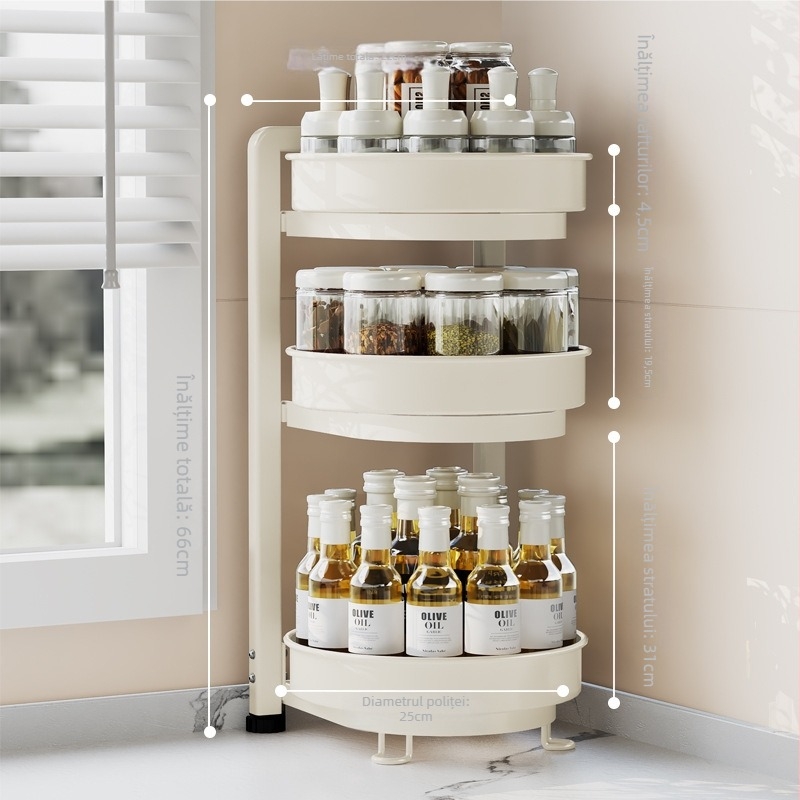 Raft rotativ de colț pentru condimente – oțel carbon, fără montaj, depozitare pe blat pentru sticle, organizator multifuncțional pentru condimente, design modern minimalist
