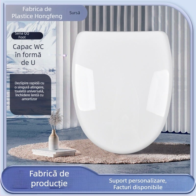 Capac de toaletă cu potrivire universală, eliberare printr-un clic, capac în formă de U, amortizor pentru închidere liniștită, placă PP, distanța dintre găuri 11 cm, găuri de montaj reglabile