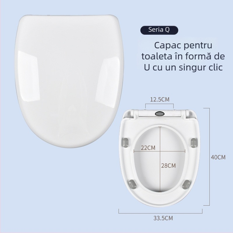 Capac de toaletă cu potrivire universală, eliberare printr-un clic, capac în formă de U, amortizor pentru închidere liniștită, placă PP, distanța dintre găuri 11 cm, găuri de montaj reglabile