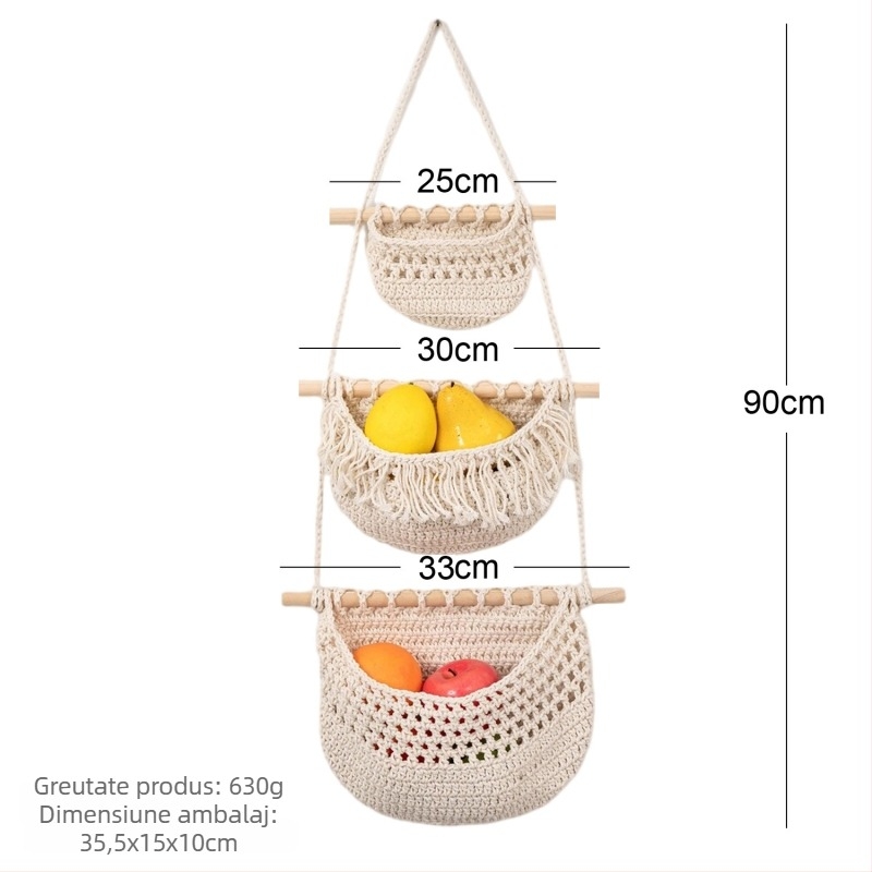 Tapiserie de bucătărie pentru depozitare pe perete, buzunar din plasă pentru fructe și legume, țesut manual, dreptunghiular, model solid, detașabil, stil boem