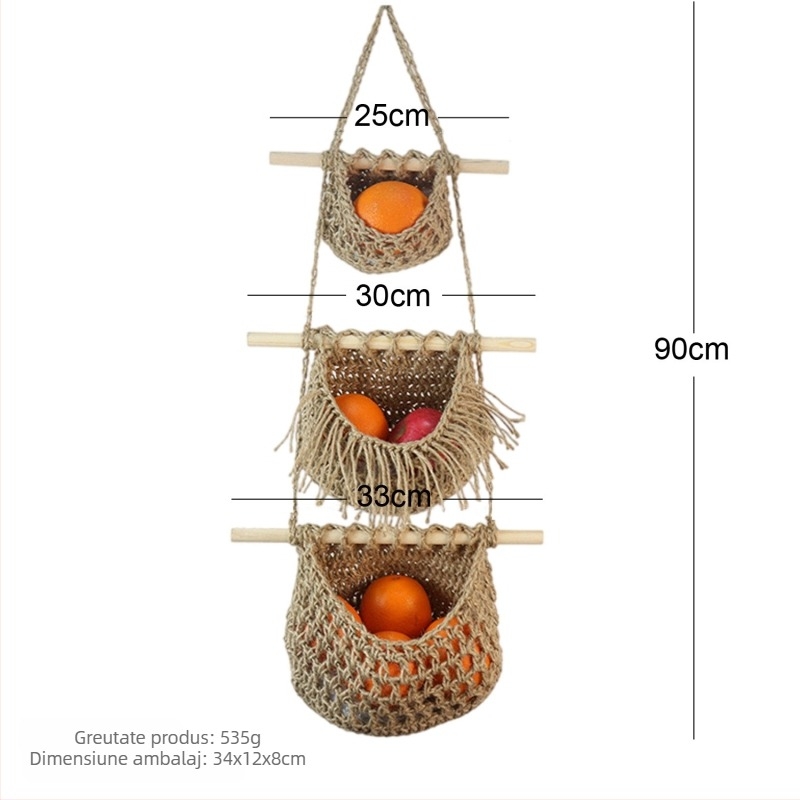Tapiserie de bucătărie pentru depozitare pe perete, buzunar din plasă pentru fructe și legume, țesut manual, dreptunghiular, model solid, detașabil, stil boem