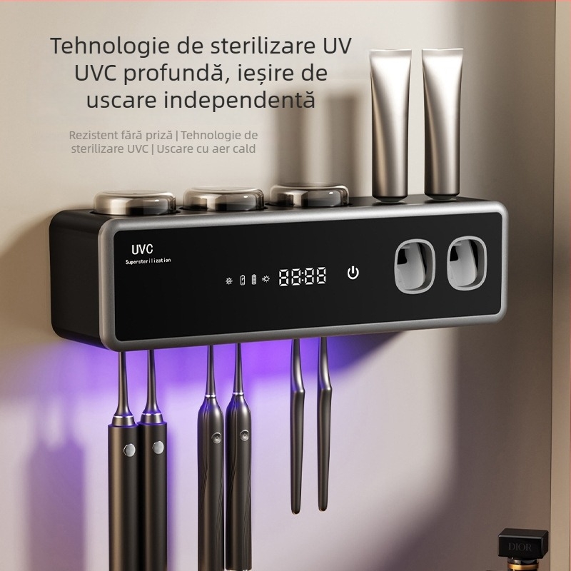 Suport inteligent pentru periute cu sterilizare UV, prindere cu ventuză, uscare și depozitare, din plastic