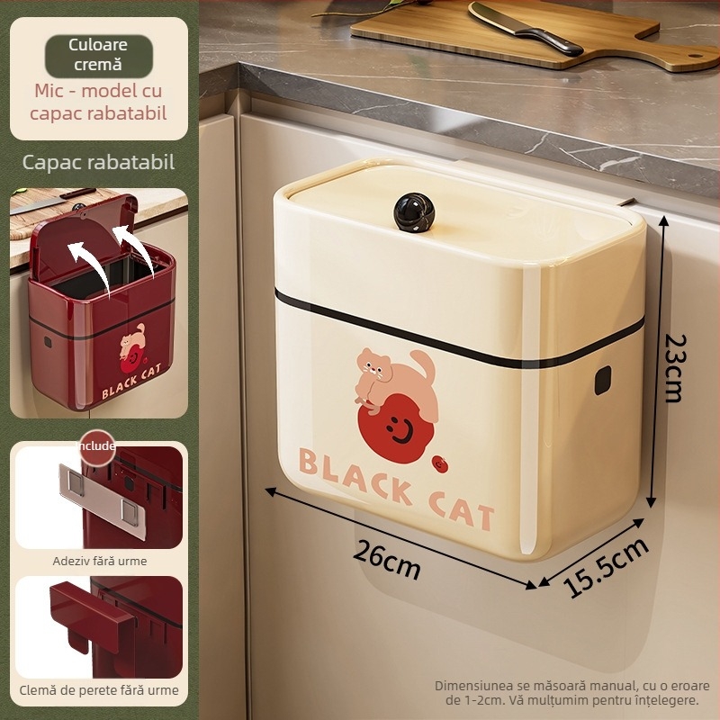 Coș de gunoi de perete, pătrat, 5L, plastic, capac basculant, uz casnic