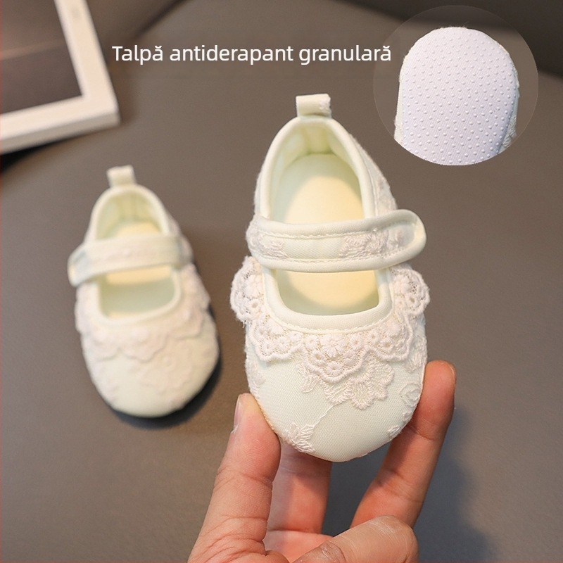 Pantofi de prințesă pentru bebeluși, talpă din cauciuc, partea superioară din bumbac, talpă interioară din material textil, închidere cu Velcro, pentru vârsta 6–12 luni
