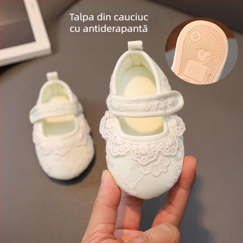 Pantofi de prințesă pentru bebeluși, talpă din cauciuc, partea superioară din bumbac, talpă interioară din material textil, închidere cu Velcro, pentru vârsta 6–12 luni