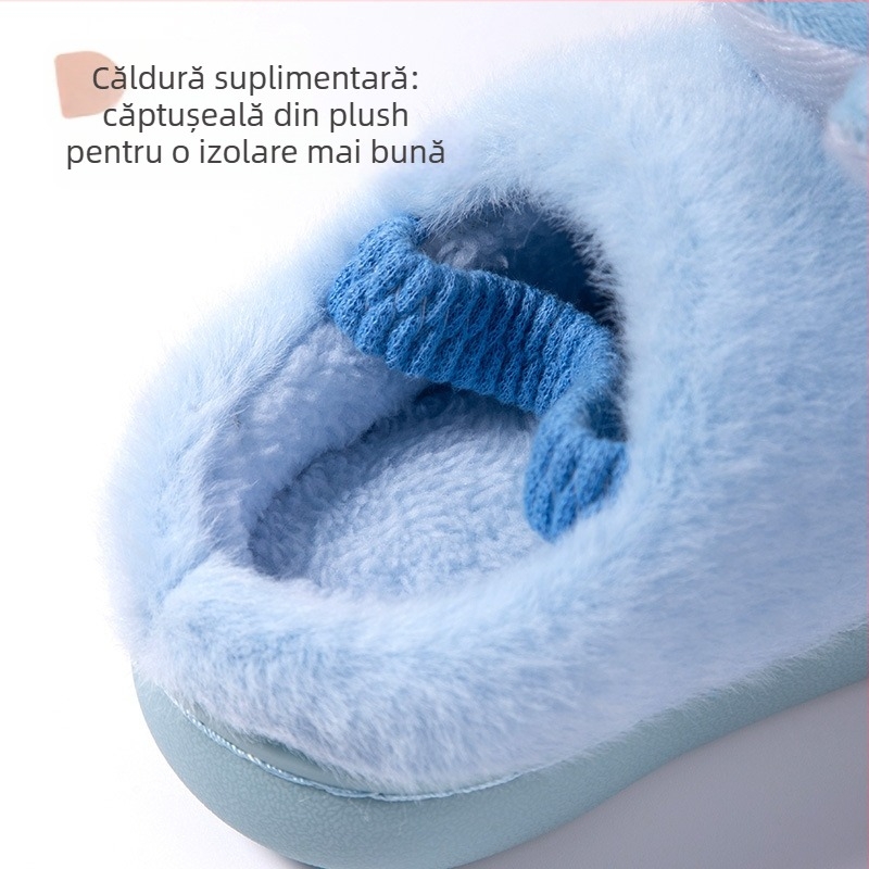 Papuci de casă din bumbac pentru copii, cu bretea pe spate – partea superioară din fleece cald, model cu desene animate, talpă TPR, vârsta 1–6 ani