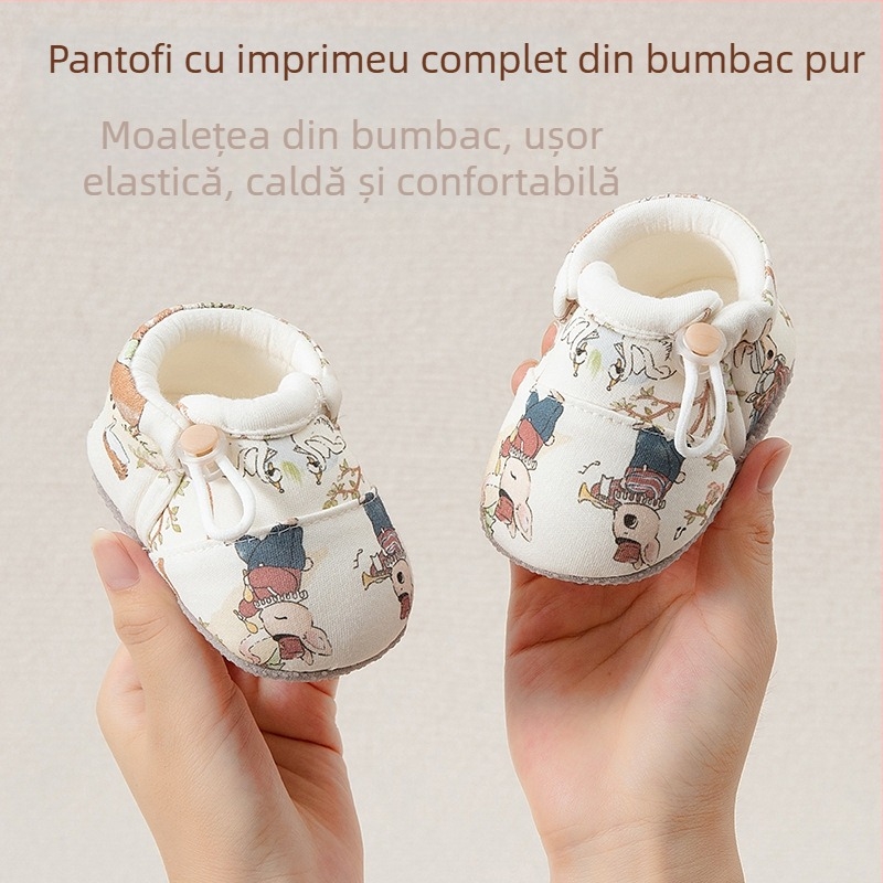 Pantofi bebeluși cu talpă moale pentru primii pași — partea superioară din bumbac, căptușeală din bumbac, respirabili, anti-derapare, gleznă joasă, potriviți pentru iarnă, primăvară și toamnă