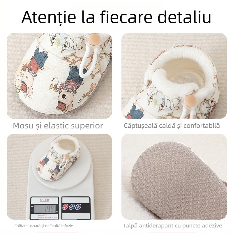 Pantofi bebeluși cu talpă moale pentru primii pași — partea superioară din bumbac, căptușeală din bumbac, respirabili, anti-derapare, gleznă joasă, potriviți pentru iarnă, primăvară și toamnă
