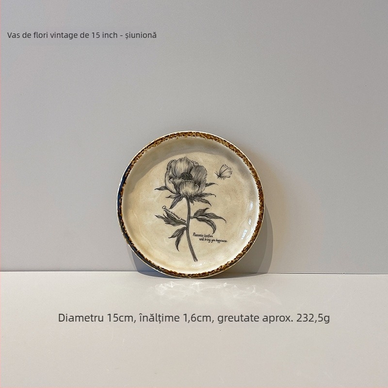 Farfurie de desert din ceramică în stil retro, formă circulară, finisaj subglazură