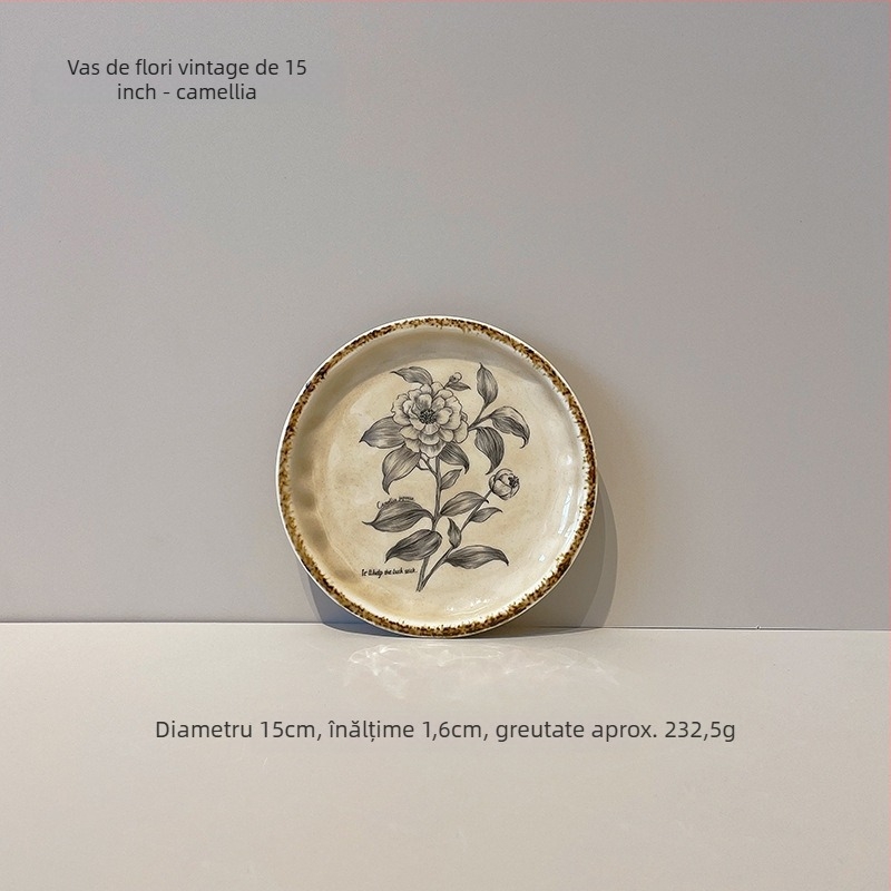 Farfurie de desert din ceramică în stil retro, formă circulară, finisaj subglazură