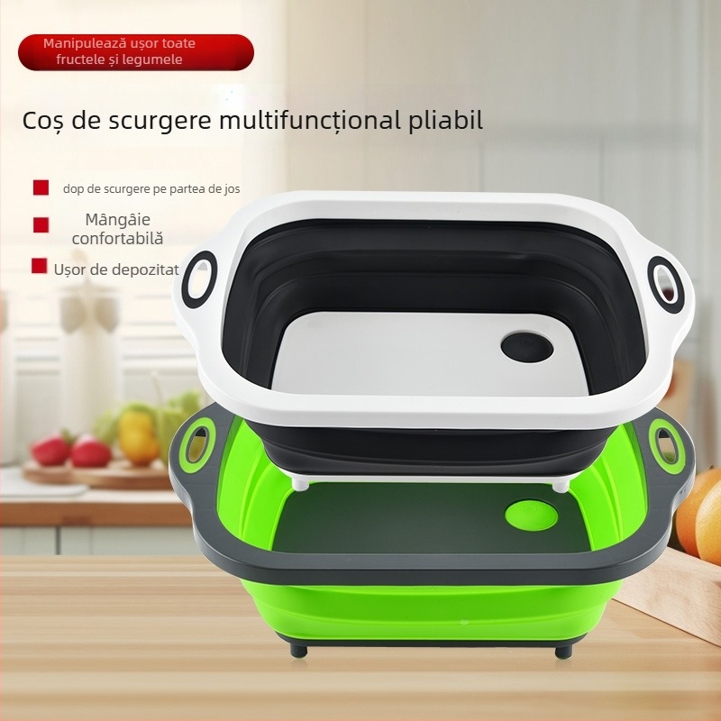 Coș de drenaj 3-în-1 pliabil pentru spălatul legumelor, cu placă de spălat și tocător, PP+TPR