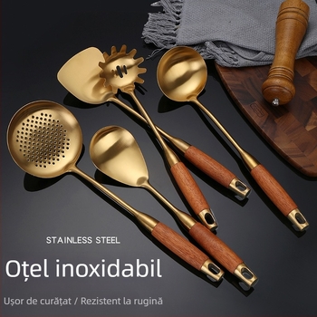 Set de ustensile bucătărie din oțel inoxidabil 304, mâner din lemn de pere – rezistent la temperaturi înalte, anti-arși, include spatule și linguri