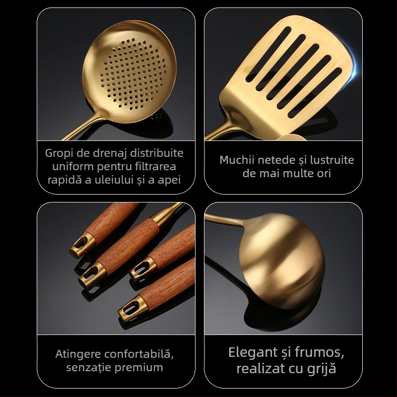 Set de ustensile bucătărie din oțel inoxidabil 304, mâner din lemn de pere – rezistent la temperaturi înalte, anti-arși, include spatule și linguri