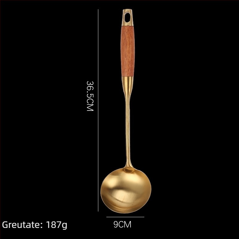Set de ustensile bucătărie din oțel inoxidabil 304, mâner din lemn de pere – rezistent la temperaturi înalte, anti-arși, include spatule și linguri