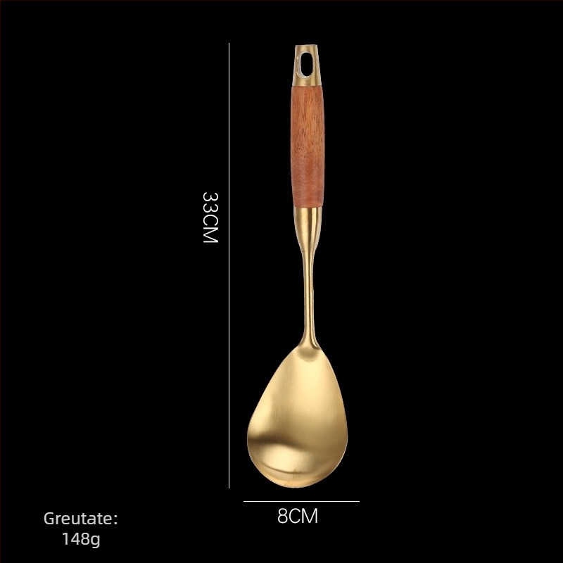 Set de ustensile bucătărie din oțel inoxidabil 304, mâner din lemn de pere – rezistent la temperaturi înalte, anti-arși, include spatule și linguri