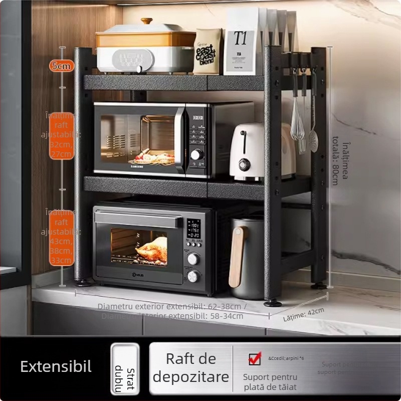 Raft telescopic de depozitare pentru bucătărie, pentru cuptor cu microunde și cuptor de pe blat, din metal, cu un sau două etaje, stil Nordic