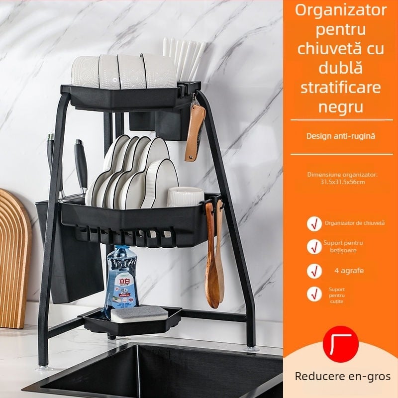 Raft de vase pentru chiuvetă, colț, pliabil, triunghiular, multifuncțional, din oțel carbon