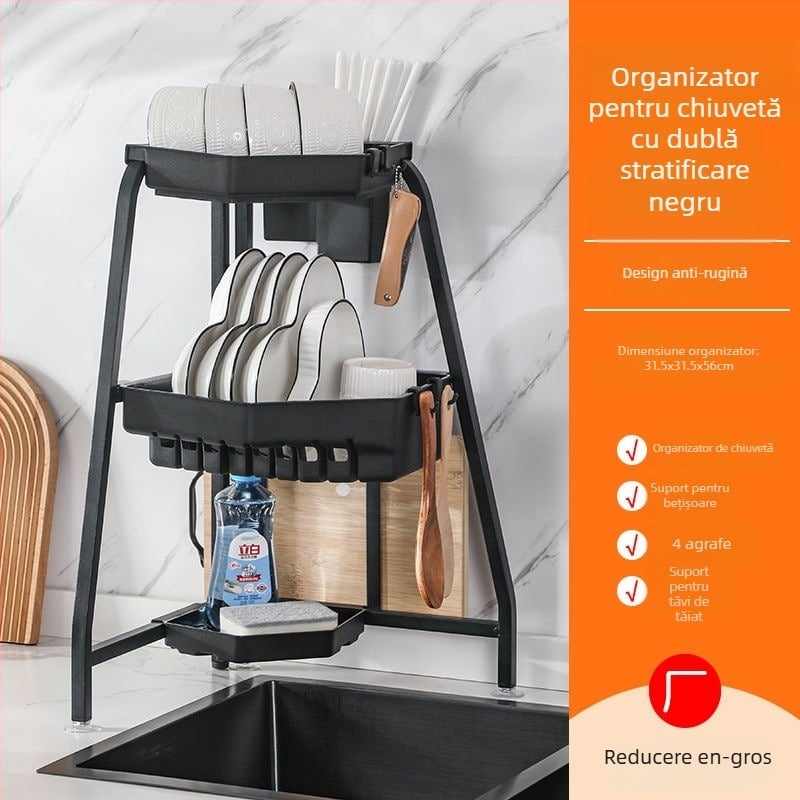 Raft de vase pentru chiuvetă, colț, pliabil, triunghiular, multifuncțional, din oțel carbon