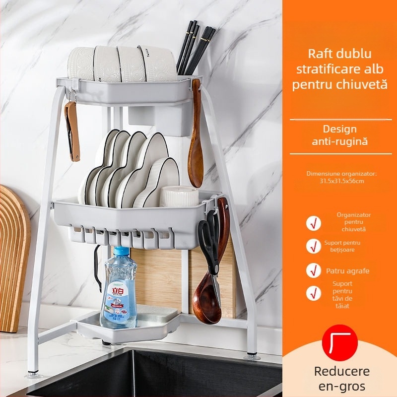 Raft de vase pentru chiuvetă, colț, pliabil, triunghiular, multifuncțional, din oțel carbon