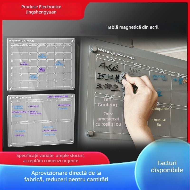 Tablă transparentă de scris acrilică cu planificator săptămânal, tablă magnetică pentru frigider, personalizare disponibilă (Material: rășină sintetică; Dimensiuni: 400×300×2.5/2.8 mm; Stil: modern)