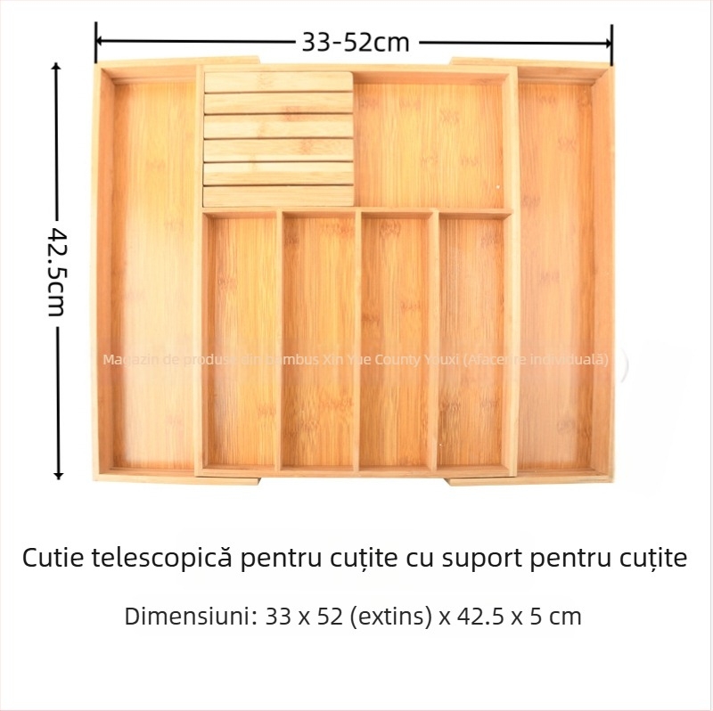 Organizator tacâmuri în sertarul bucătăriei din bambus, cu divizor telescopic — stil modern minimalist, utilizare casnică