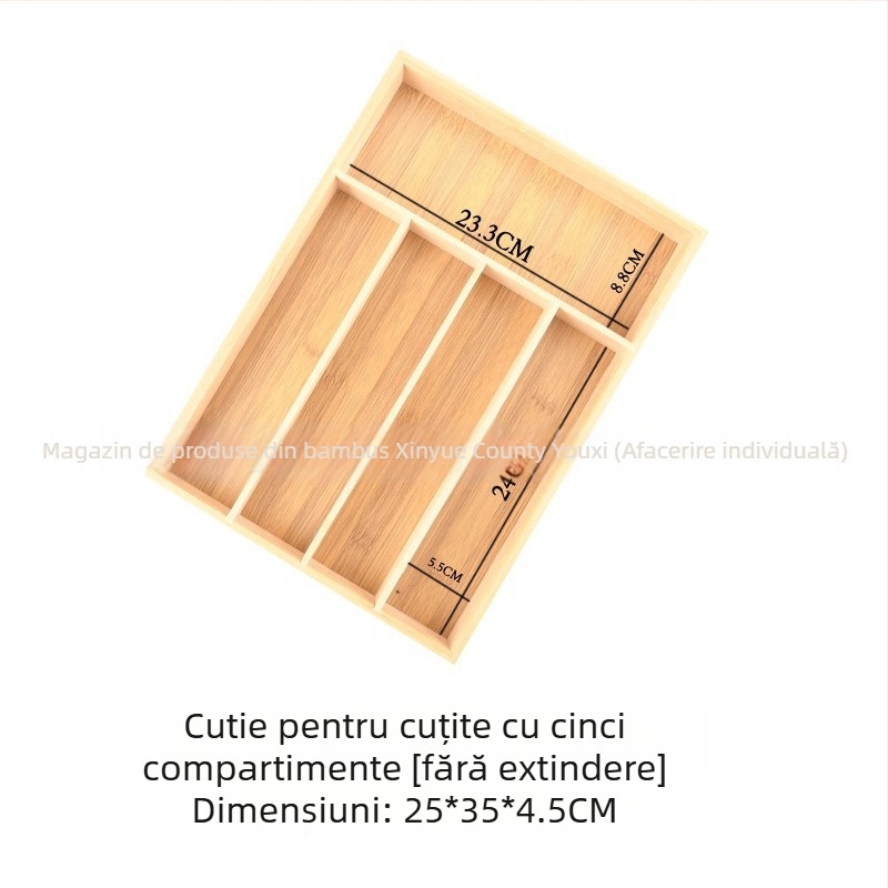 Organizator tacâmuri în sertarul bucătăriei din bambus, cu divizor telescopic — stil modern minimalist, utilizare casnică