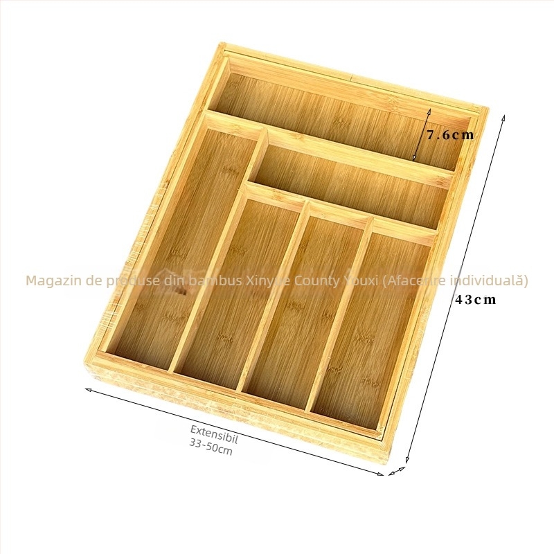 Organizator tacâmuri în sertarul bucătăriei din bambus, cu divizor telescopic — stil modern minimalist, utilizare casnică