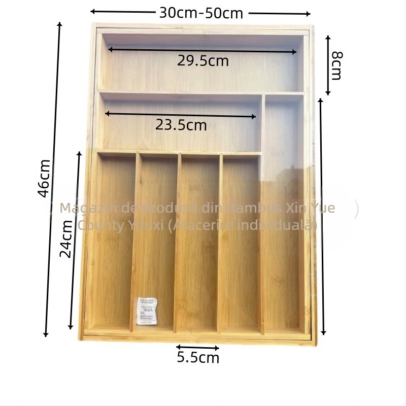 Organizator tacâmuri în sertarul bucătăriei din bambus, cu divizor telescopic — stil modern minimalist, utilizare casnică