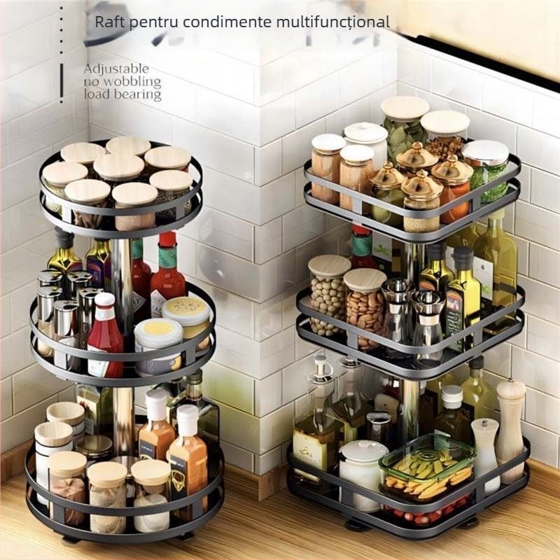 Raft rotativ 360° pentru condimente, ulei, sos și oțet, din plastic, montaj fără găuri, poliță de depozitare demontabilă