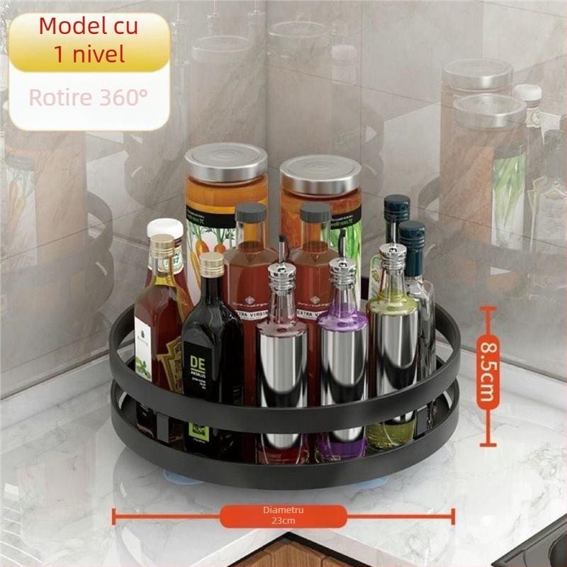 Raft rotativ 360° pentru condimente, ulei, sos și oțet, din plastic, montaj fără găuri, poliță de depozitare demontabilă