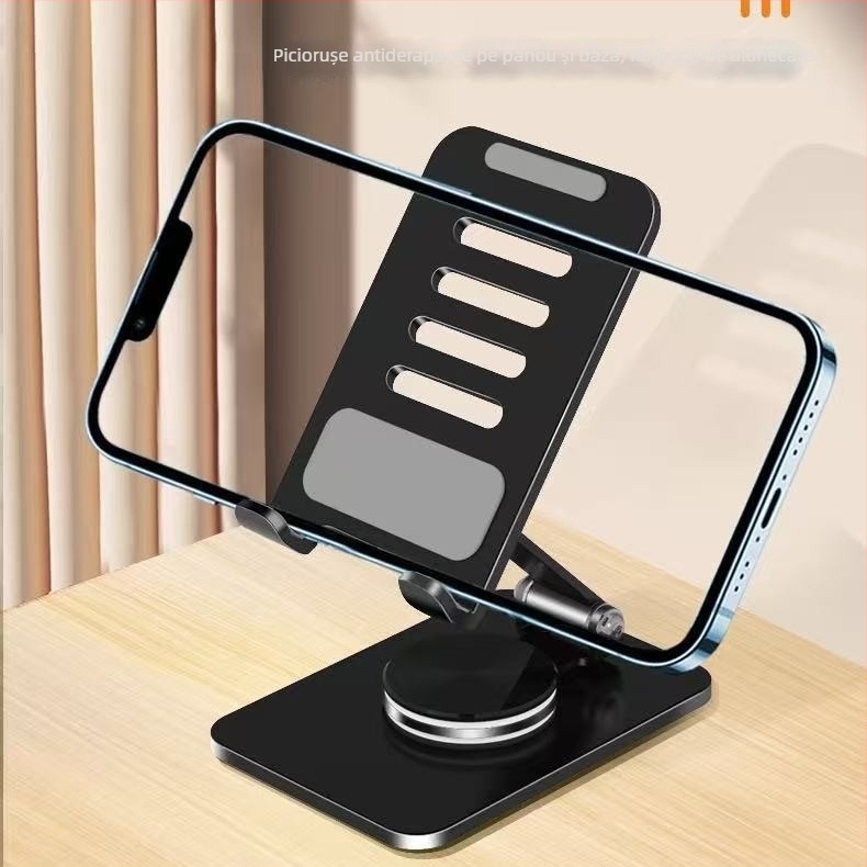Suport de birou pentru telefon și tabletă, rotativ și pliere; materiale: ABS, gel de siliciu, aliaj de aluminiu, placă din oțel carbon; compatibil cu telefoane și tablete