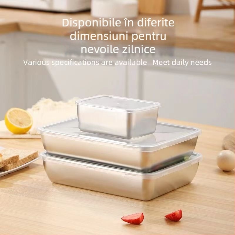 Cutie din oțel inoxidabil pentru frigider, dreptunghiulară, cu capac etanș pentru conservare alimentară
