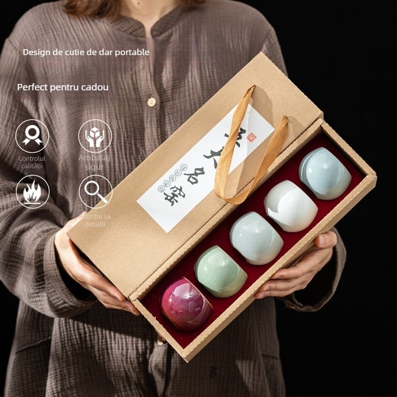 Set de ceai din porțelan Dehua, stil chinezesc nou, glazură monocromă, cutie cadou