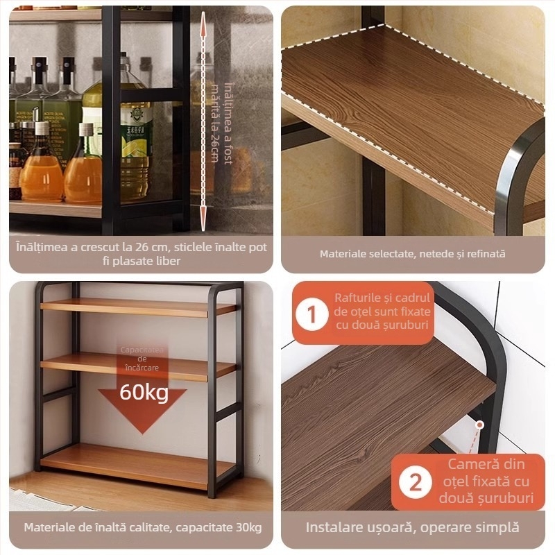 Raft de depozitare pentru condimente, pentru blat, 3 etaje, multifuncțional, organizator pentru ulei, sare, sosuri și oțet