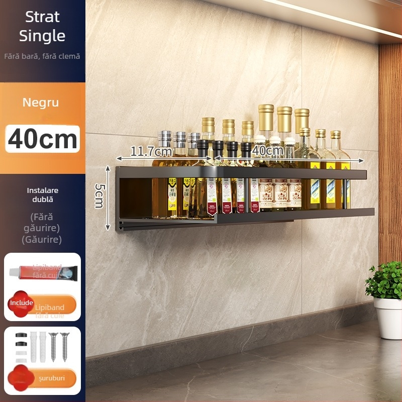 Raft de bucătărie montat pe perete, din aluminiu Space, multifuncțional, cu suport pentru cuțite (fără instalație necesară)