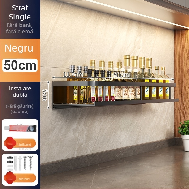 Raft de bucătărie montat pe perete, din aluminiu Space, multifuncțional, cu suport pentru cuțite (fără instalație necesară)