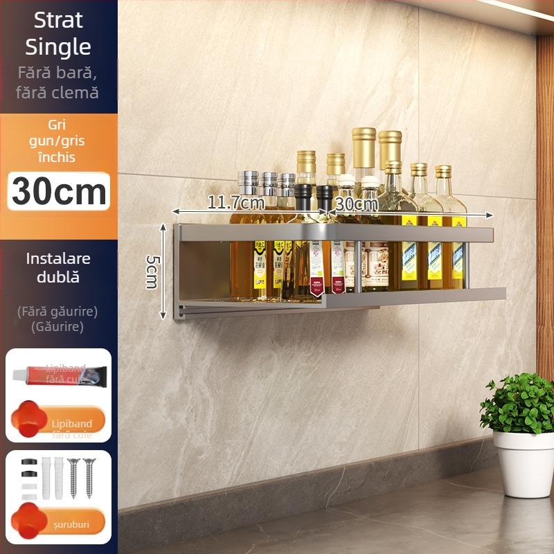 Raft de bucătărie montat pe perete, din aluminiu Space, multifuncțional, cu suport pentru cuțite (fără instalație necesară)