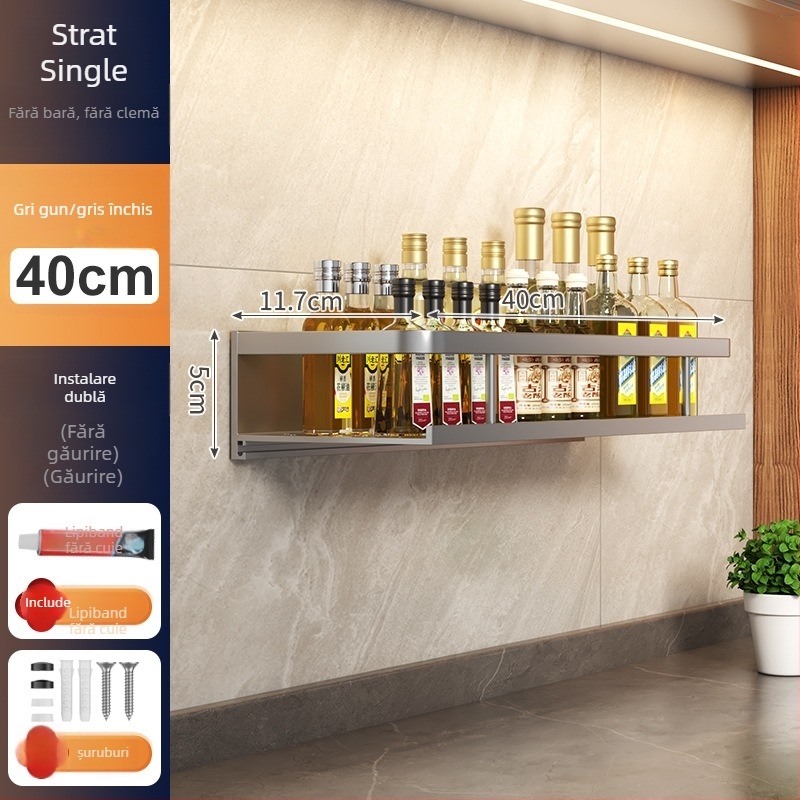 Raft de bucătărie montat pe perete, din aluminiu Space, multifuncțional, cu suport pentru cuțite (fără instalație necesară)