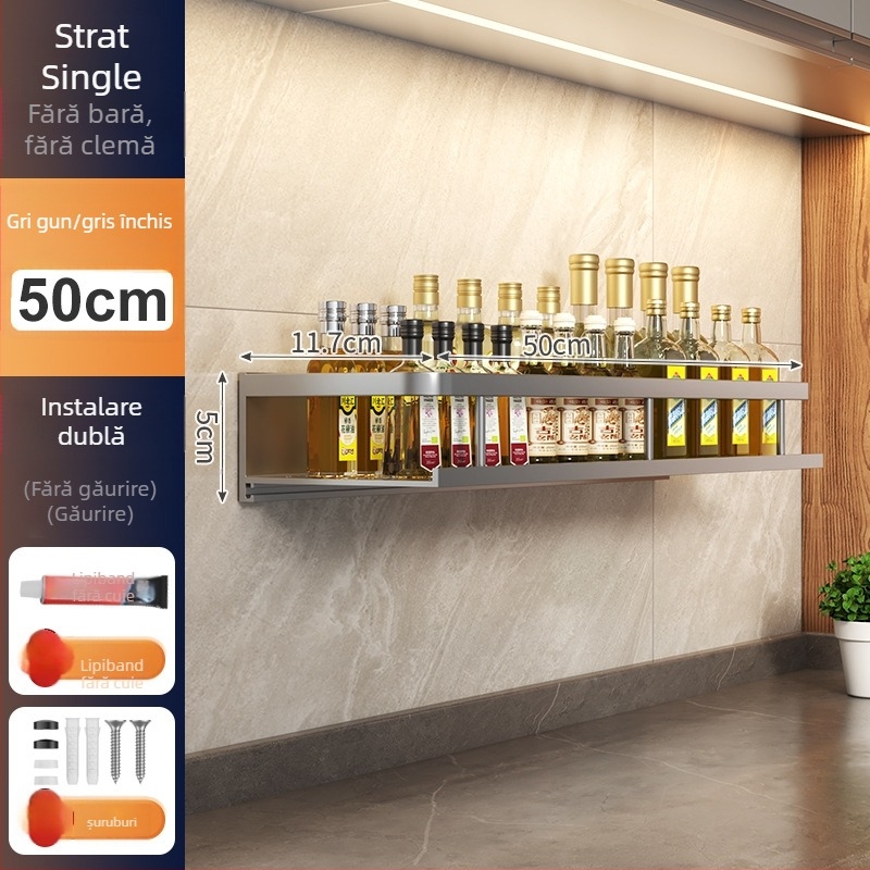 Raft de bucătărie montat pe perete, din aluminiu Space, multifuncțional, cu suport pentru cuțite (fără instalație necesară)