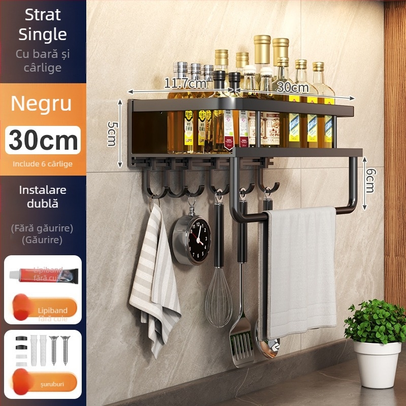 Raft de bucătărie montat pe perete, din aluminiu Space, multifuncțional, cu suport pentru cuțite (fără instalație necesară)