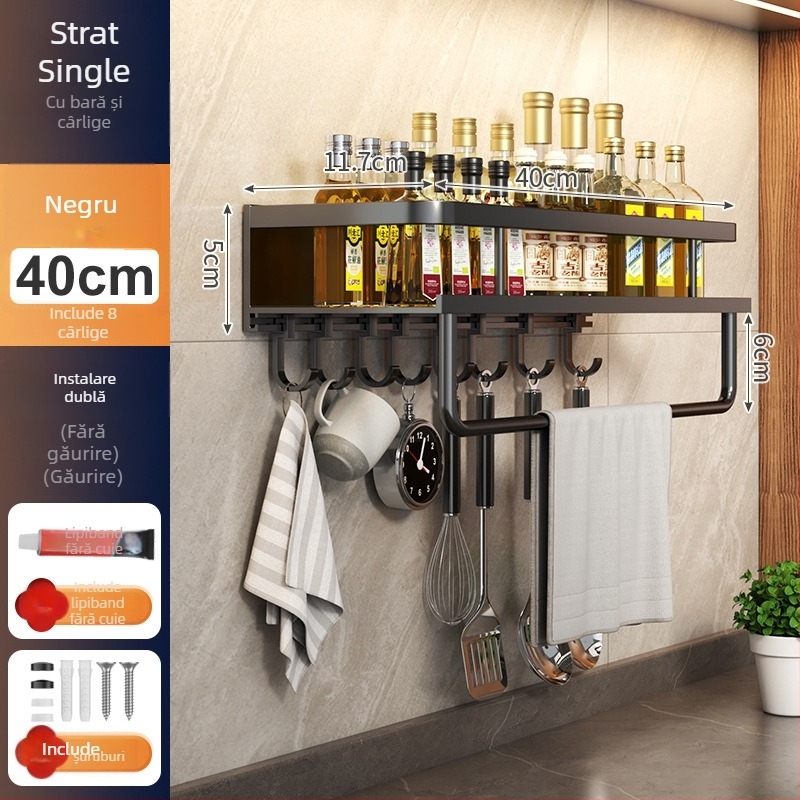 Raft de bucătărie montat pe perete, din aluminiu Space, multifuncțional, cu suport pentru cuțite (fără instalație necesară)