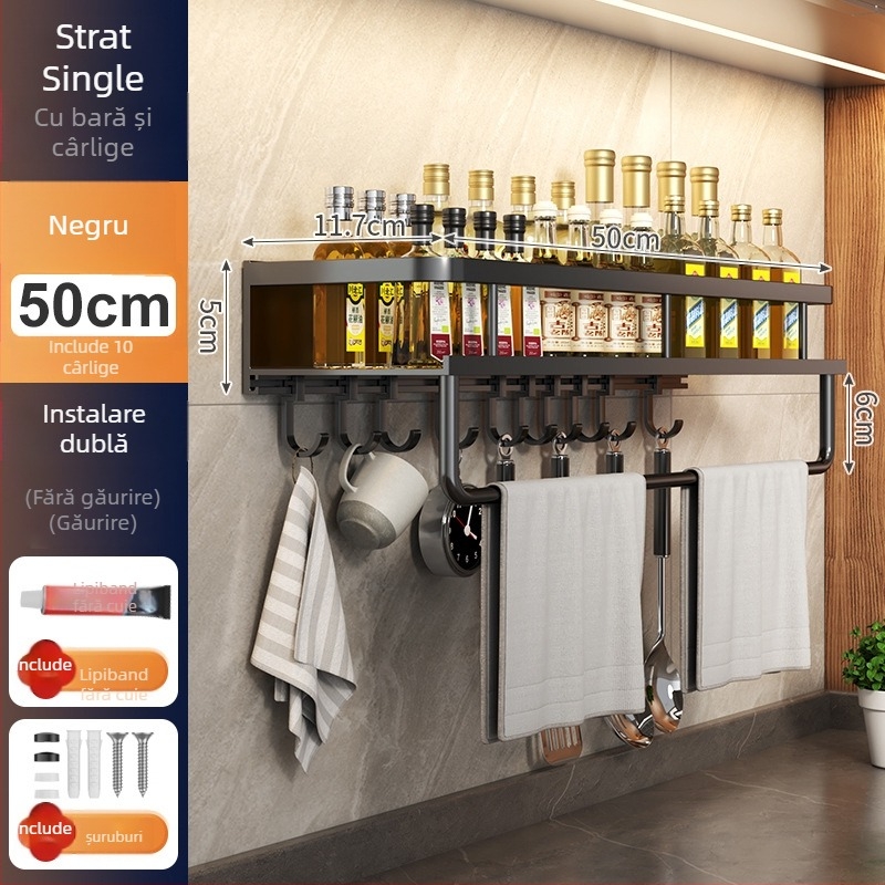 Raft de bucătărie montat pe perete, din aluminiu Space, multifuncțional, cu suport pentru cuțite (fără instalație necesară)