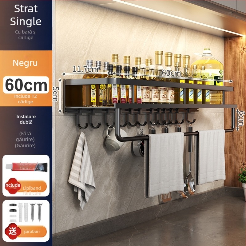 Raft de bucătărie montat pe perete, din aluminiu Space, multifuncțional, cu suport pentru cuțite (fără instalație necesară)