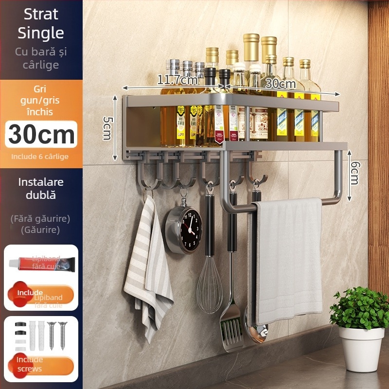 Raft de bucătărie montat pe perete, din aluminiu Space, multifuncțional, cu suport pentru cuțite (fără instalație necesară)