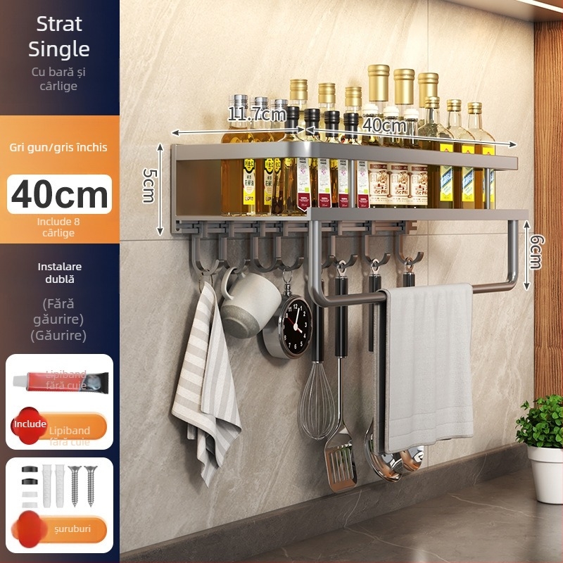 Raft de bucătărie montat pe perete, din aluminiu Space, multifuncțional, cu suport pentru cuțite (fără instalație necesară)