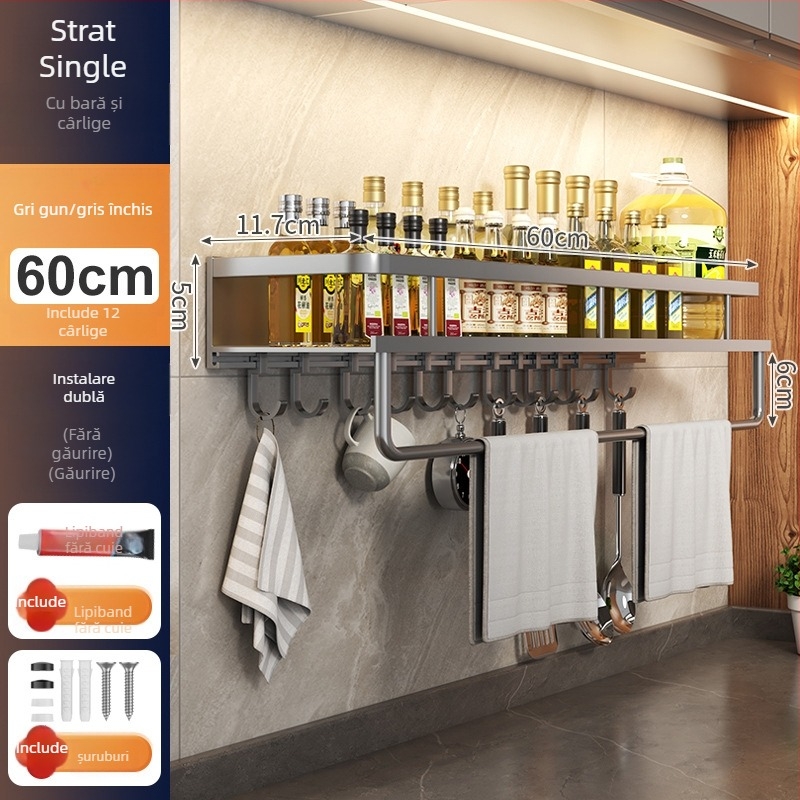 Raft de bucătărie montat pe perete, din aluminiu Space, multifuncțional, cu suport pentru cuțite (fără instalație necesară)