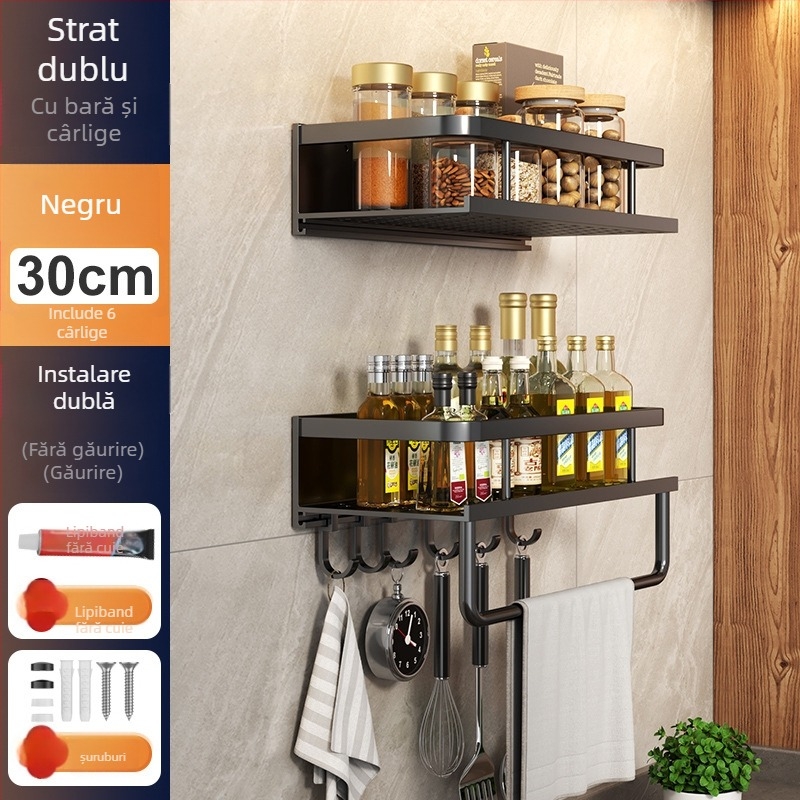 Raft de bucătărie montat pe perete, din aluminiu Space, multifuncțional, cu suport pentru cuțite (fără instalație necesară)