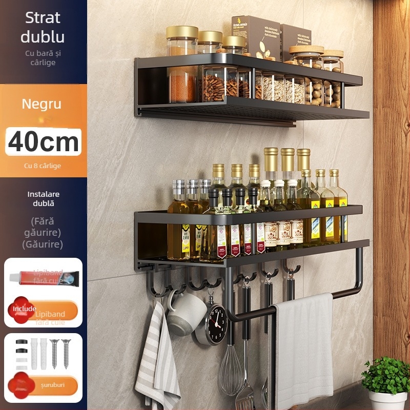 Raft de bucătărie montat pe perete, din aluminiu Space, multifuncțional, cu suport pentru cuțite (fără instalație necesară)